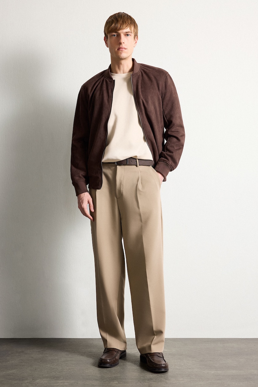 Men Brown Slim Fit Lined Suede Lined Bomber Jacket