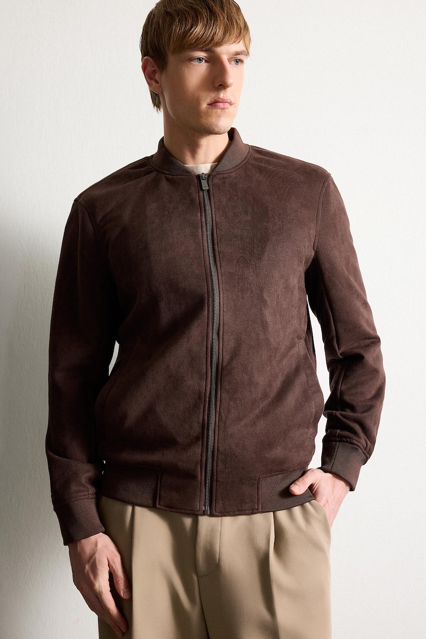 Men Brown Slim Fit Lined Suede Lined Bomber Jacket