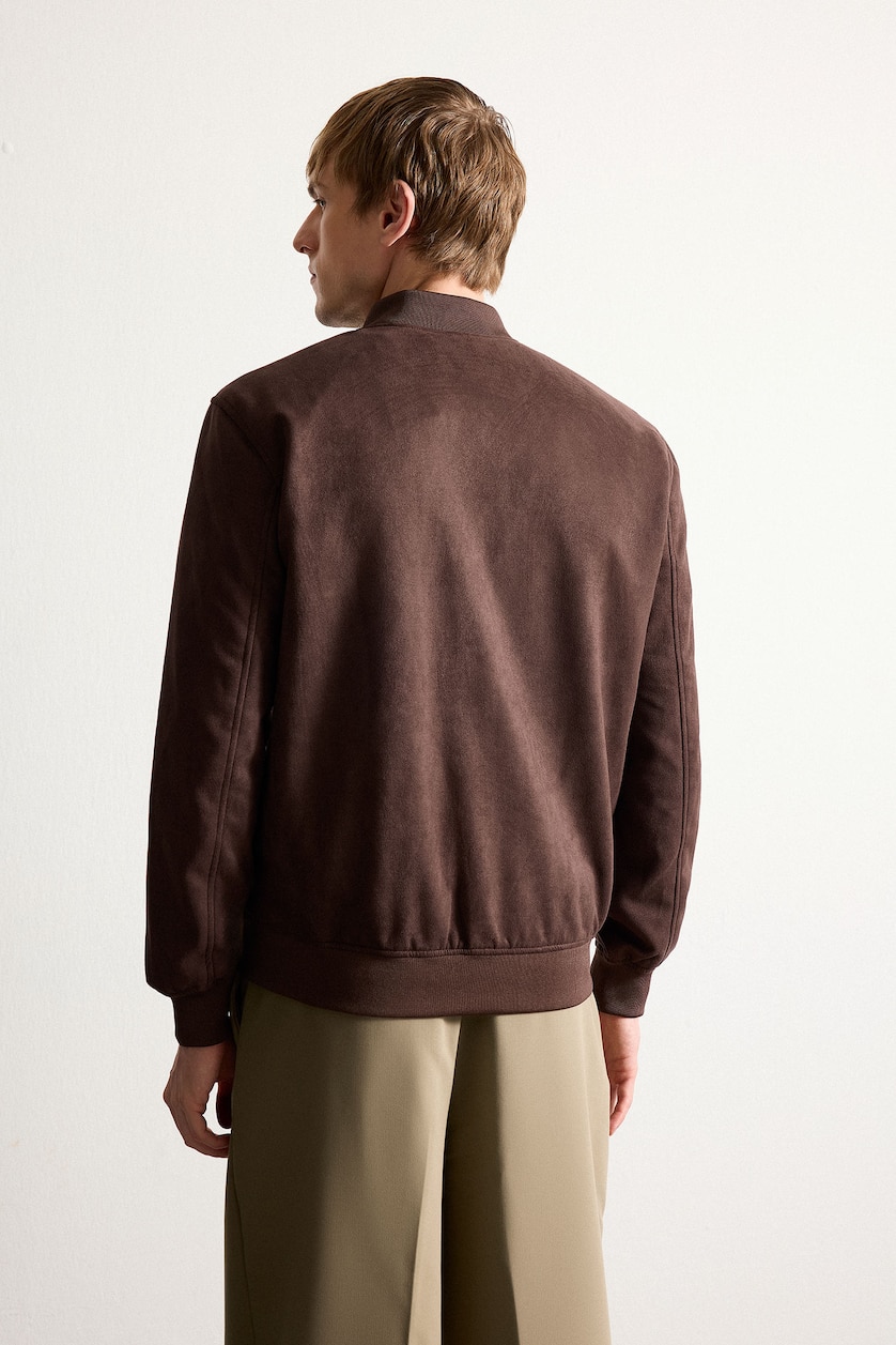 Men Brown Slim Fit Lined Suede Lined Bomber Jacket