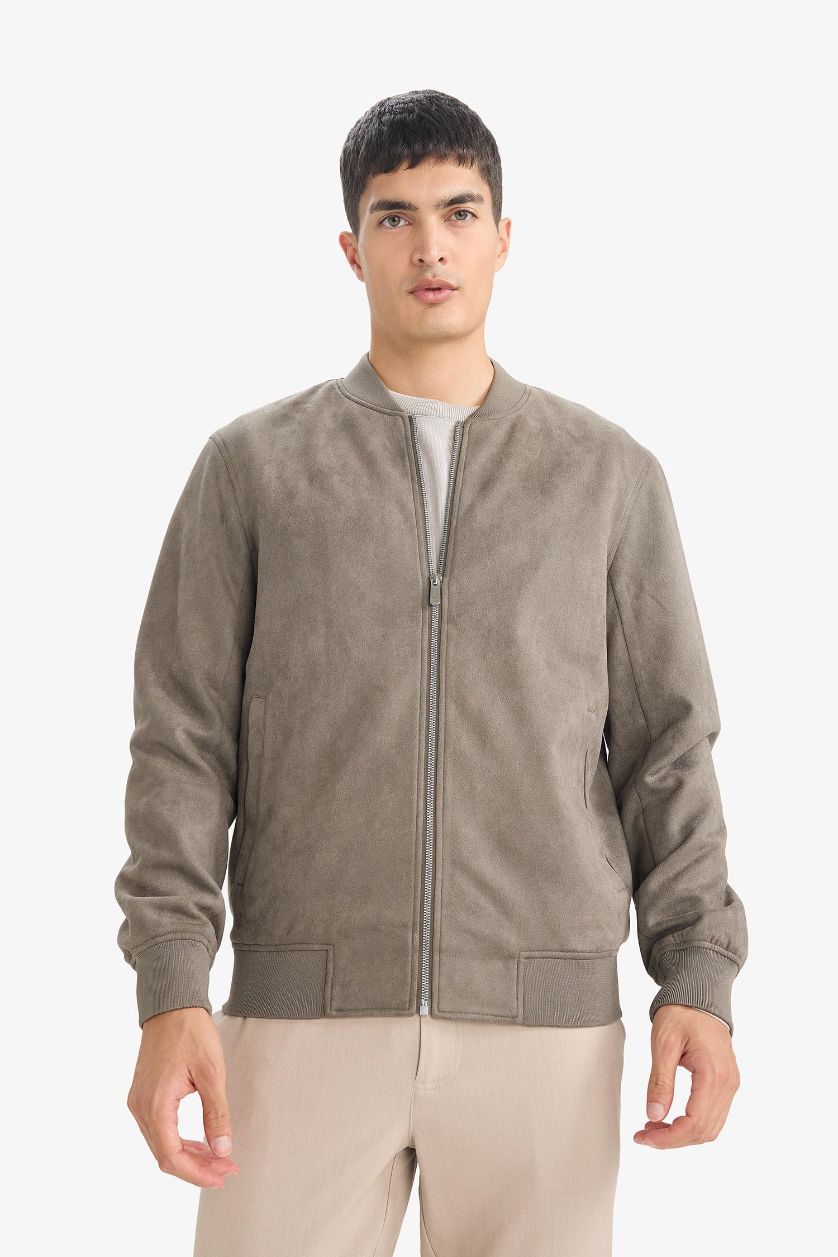 رجالي خشبي جاكيت بومبر شمواه سليم فيت مبطن وياقة كوليج