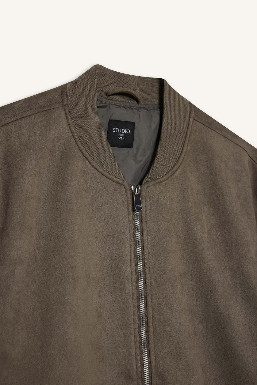 رجالي خشبي جاكيت بومبر شمواه سليم فيت مبطن وياقة كوليج