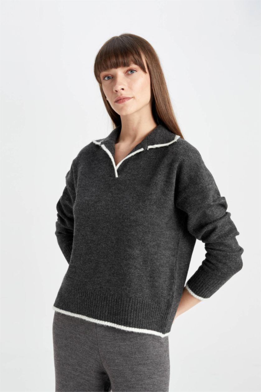 Kadın Antrasit Regular Fit Yumuşak Dokulu Polo Yaka Triko Kazak