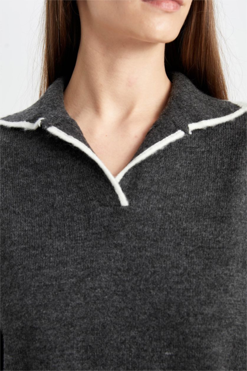 Kadın Antrasit Regular Fit Yumuşak Dokulu Polo Yaka Triko Kazak