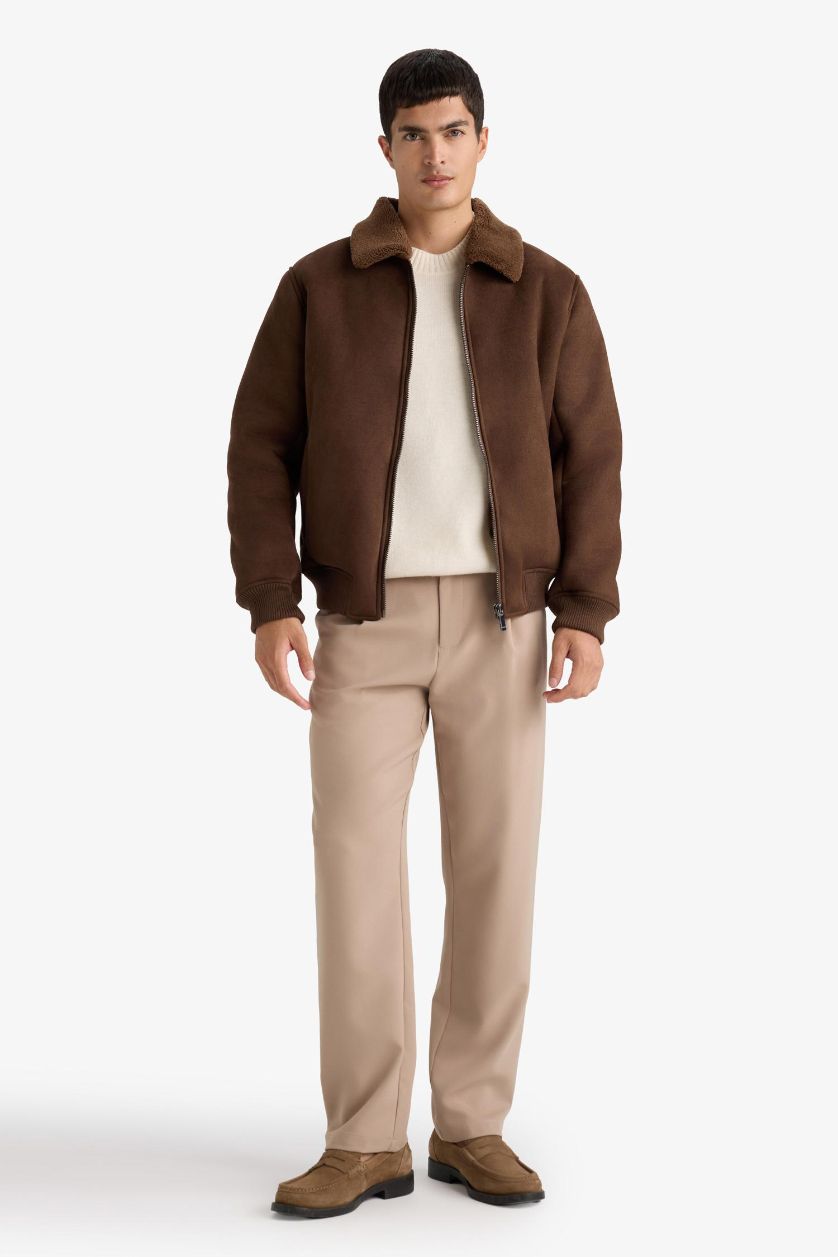 Erkek Kahve Slim Fit Dar Kesim Kürklü Polo Yaka Astarlı Fermuarlı Cepli Süet Mont