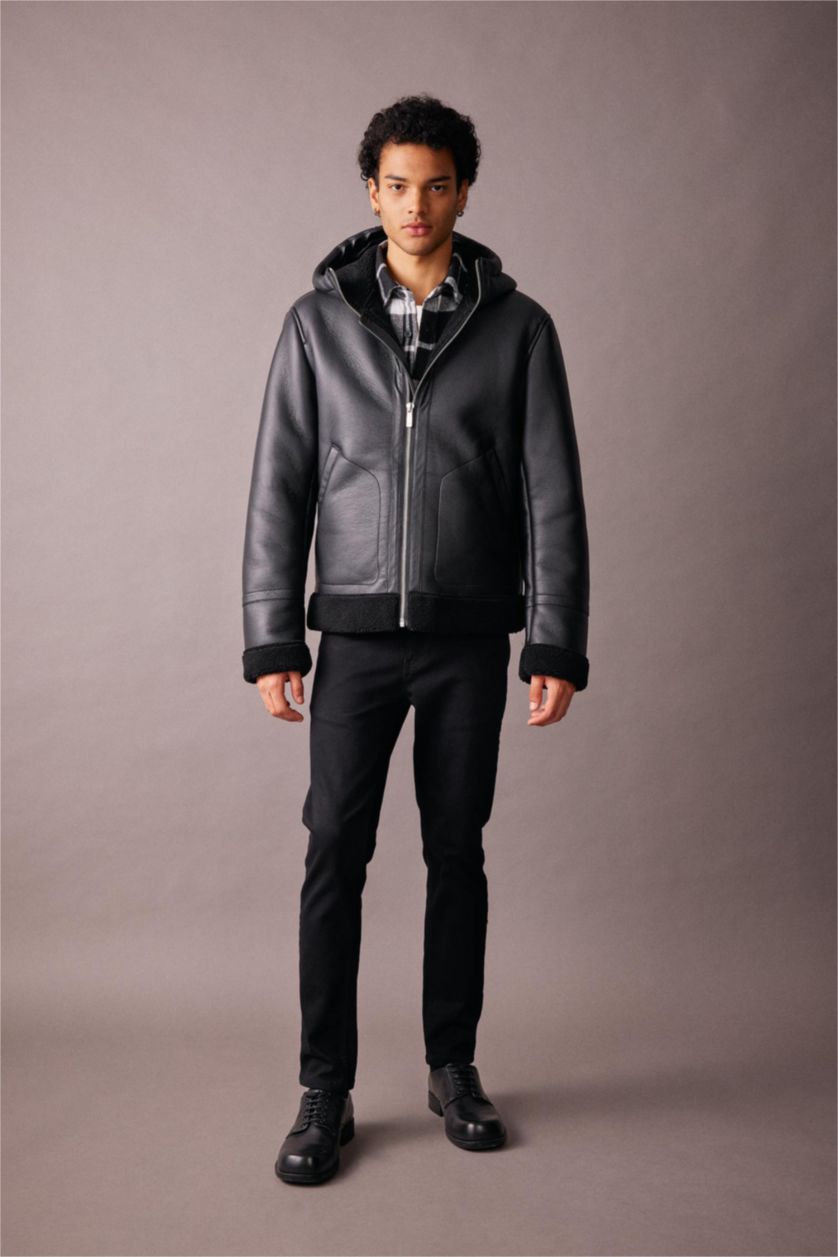 Мужчины Черный Кожаная куртка приталенного кроя с капюшоном