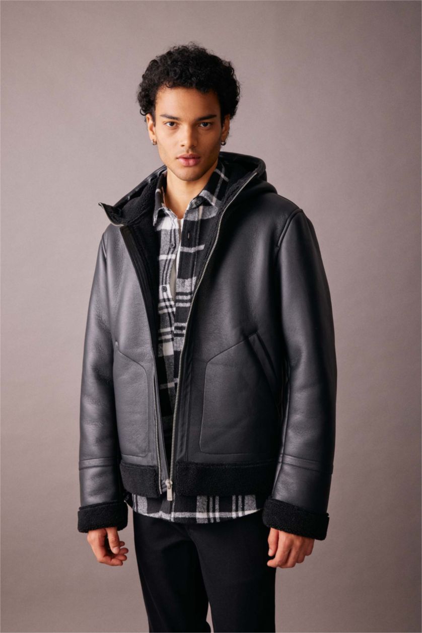 Мужчины Черный Кожаная куртка приталенного кроя с капюшоном