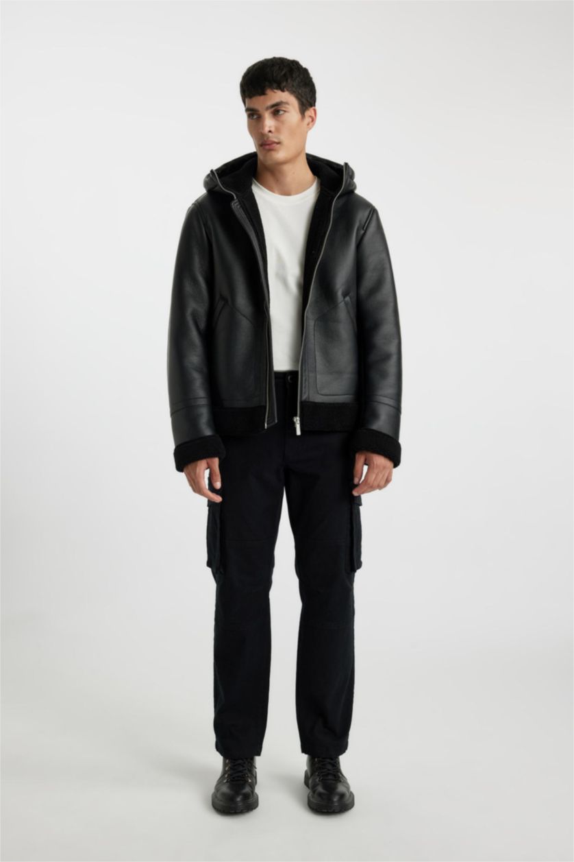 Мужчины Черный Кожаная куртка приталенного кроя с капюшоном