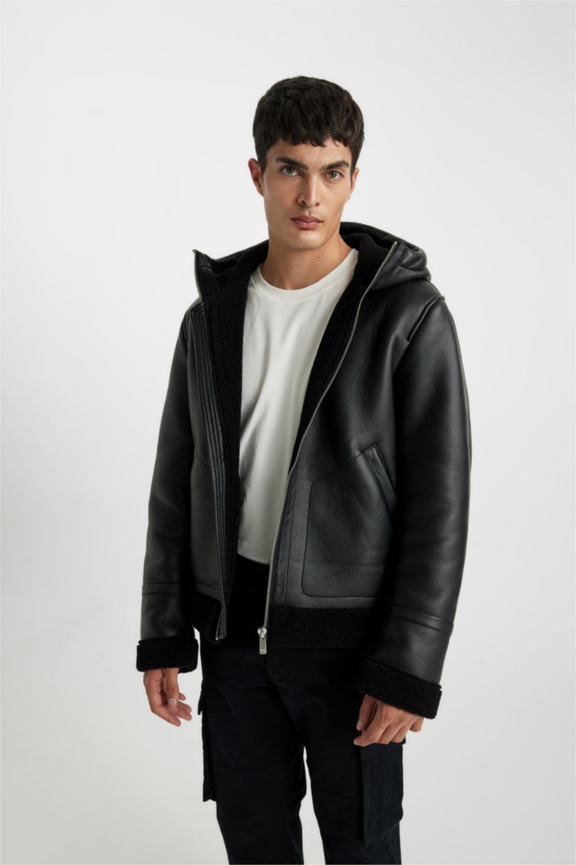 Мужчины Черный Кожаная куртка приталенного кроя с капюшоном
