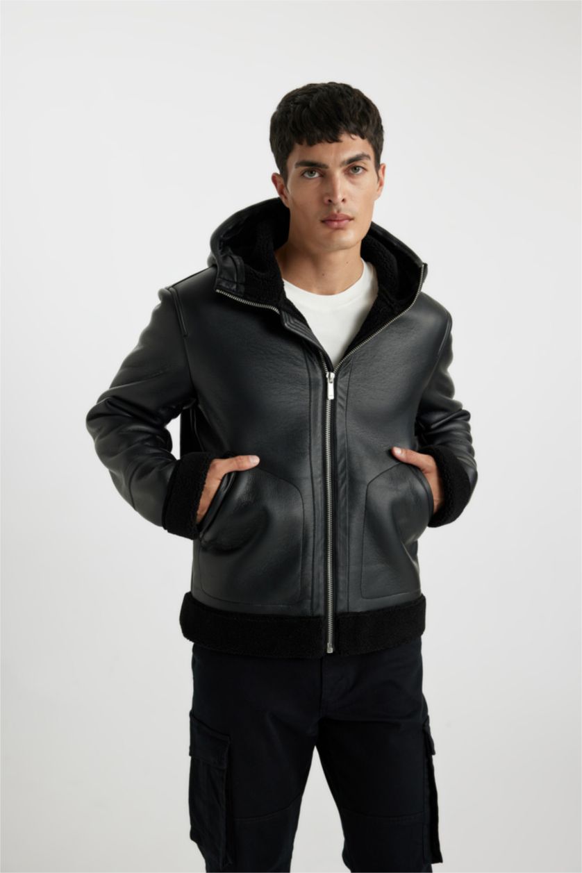 Мужчины Черный Кожаная куртка приталенного кроя с капюшоном