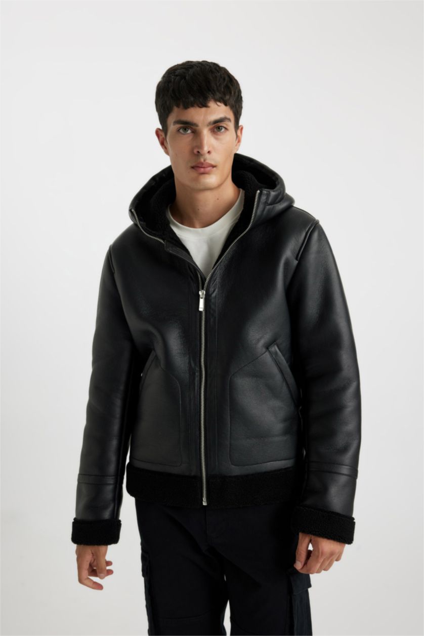 Мужчины Черный Кожаная куртка приталенного кроя с капюшоном