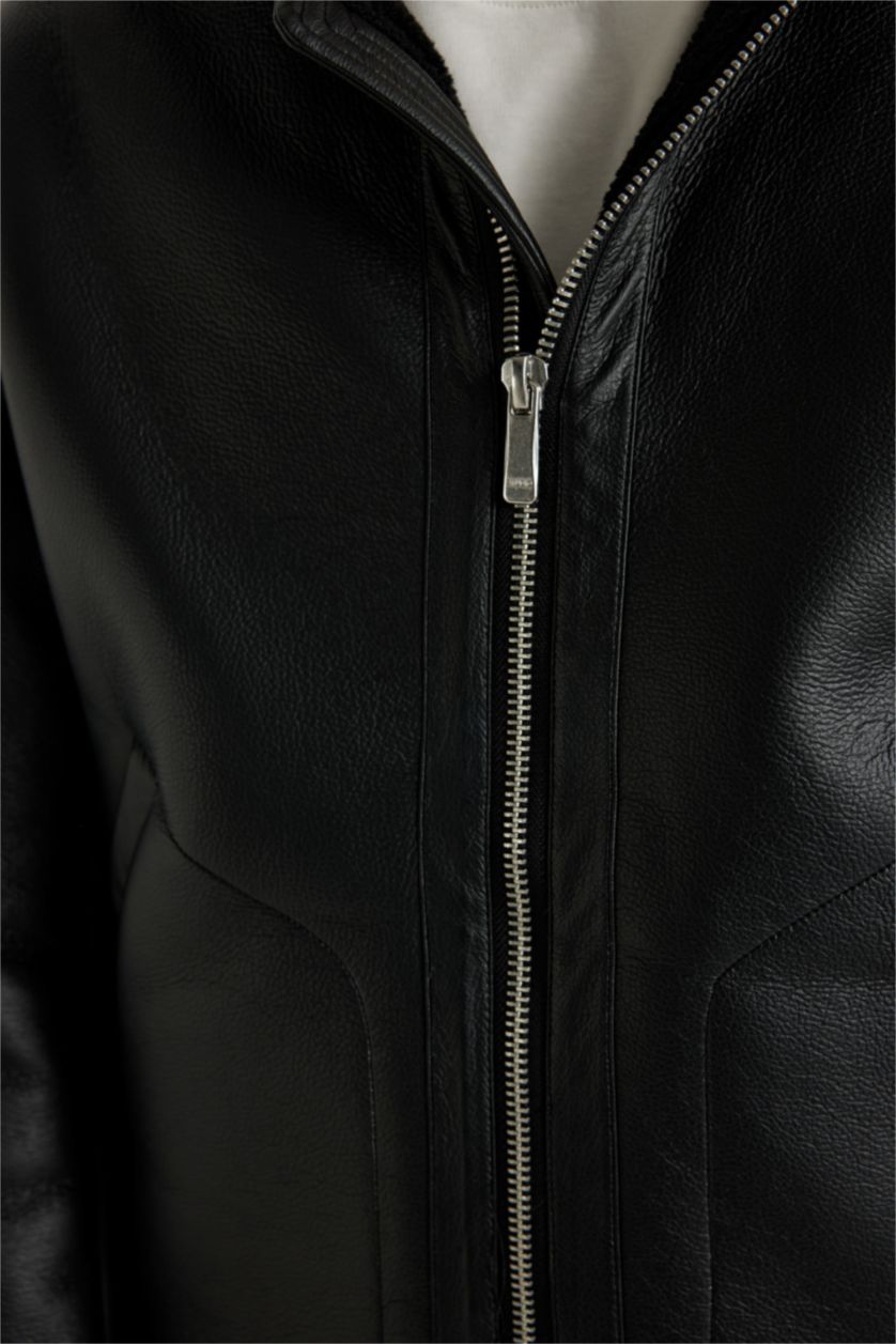 Мужчины Черный Кожаная куртка приталенного кроя с капюшоном