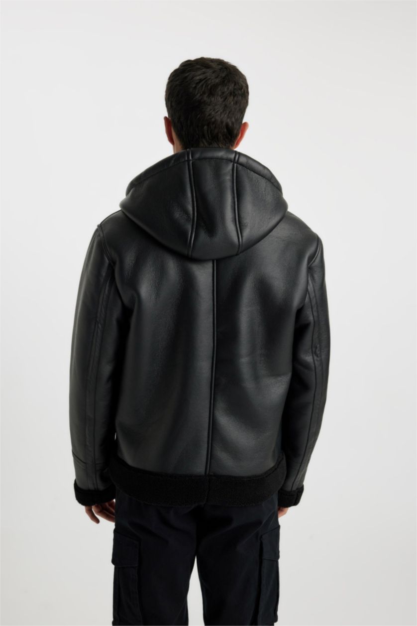 Мужчины Черный Кожаная куртка приталенного кроя с капюшоном