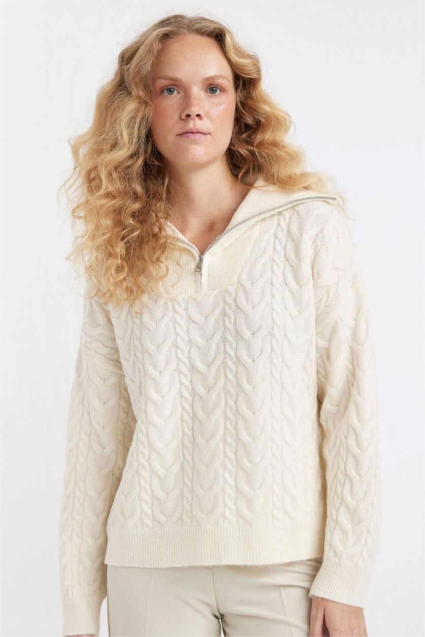 WOMAN Ecru Oversize Fit Half Zipper Stand Collar Knitted Pullover