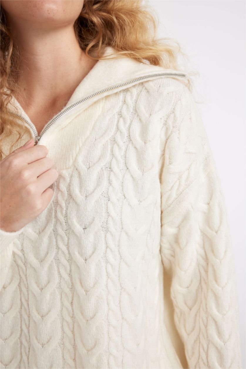 WOMAN Ecru Oversize Fit Half Zipper Stand Collar Knitted Pullover