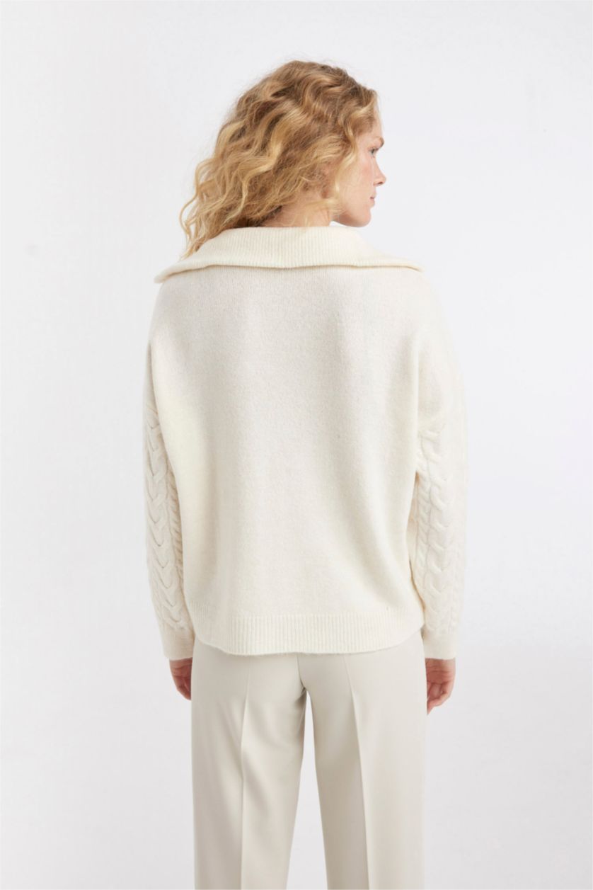 WOMAN Ecru Oversize Fit Half Zipper Stand Collar Knitted Pullover