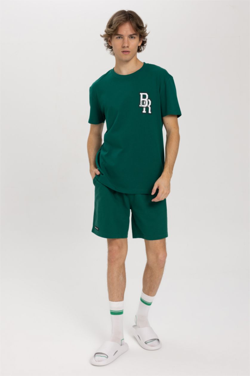 رجالي أخضر شورت قطن سليم فيت بجيب