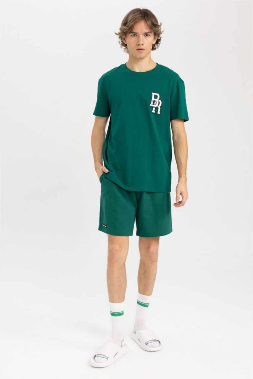 رجالي أخضر شورت قطن سليم فيت بجيب