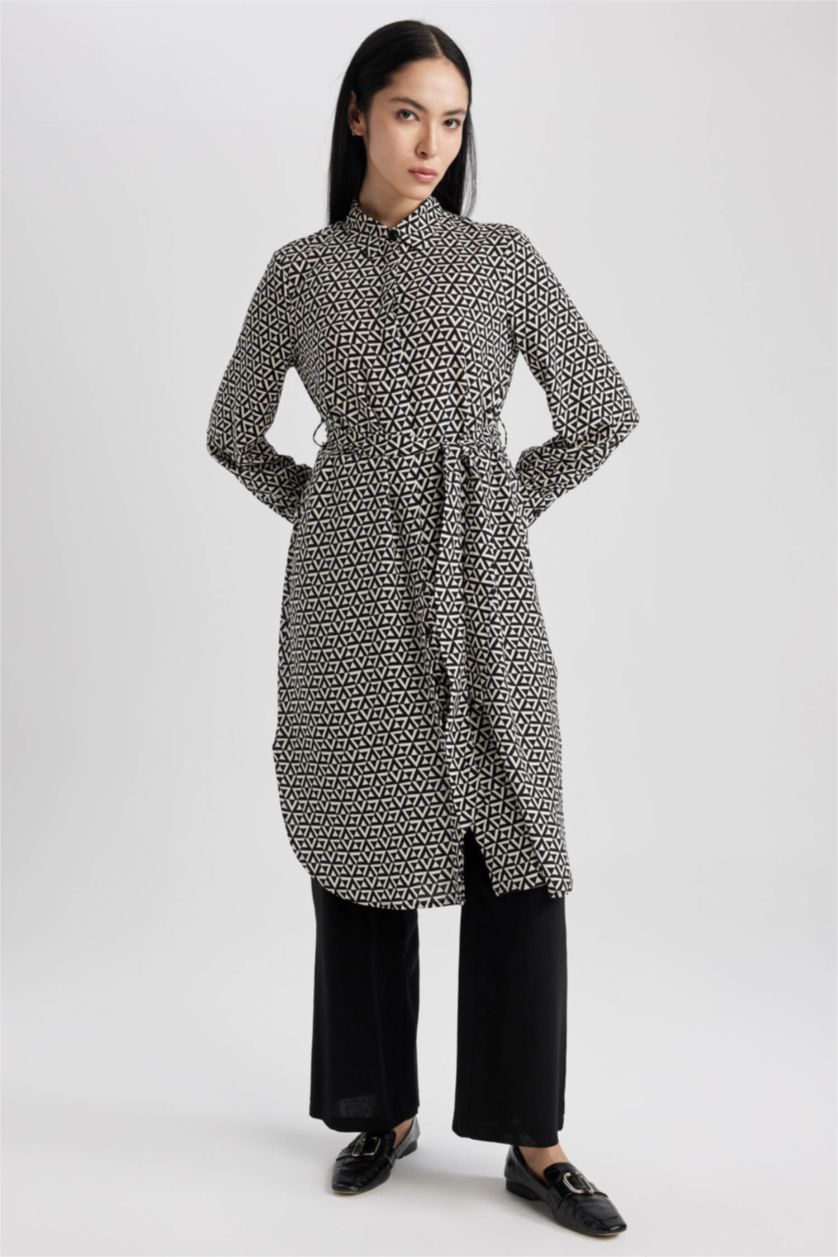 WOMAN Beige Regular Fit Shirt Collar Printed Long Sleeve Tunic