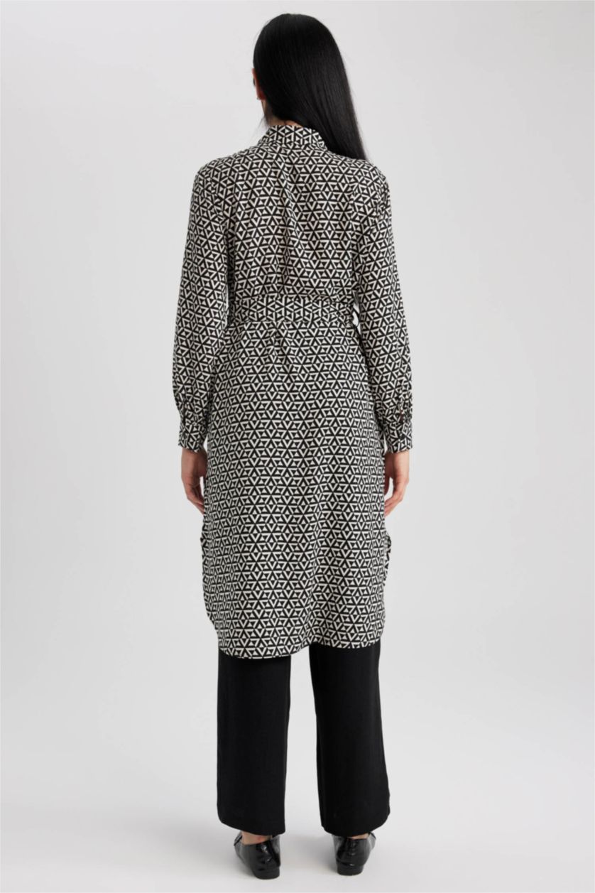 WOMAN Beige Regular Fit Shirt Collar Printed Long Sleeve Tunic