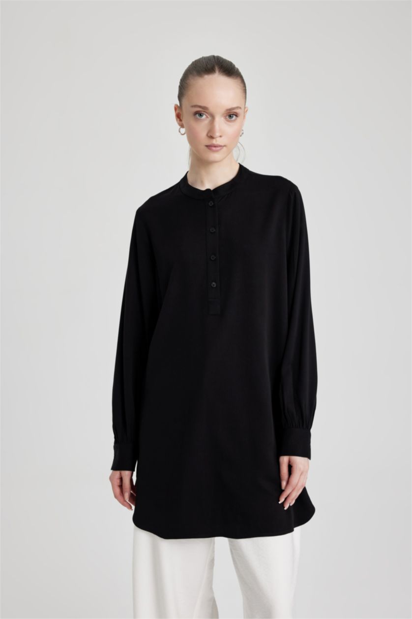 WOMAN Black Regular Fit Crew Neck Long Sleeve Tunic