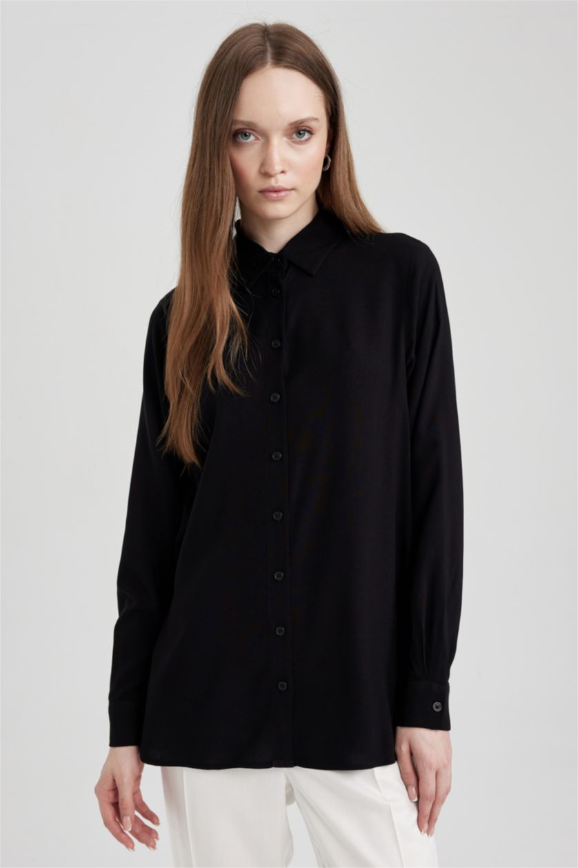 WOMAN Black Regular Fit Shirt Collar Long Sleeve Tunic