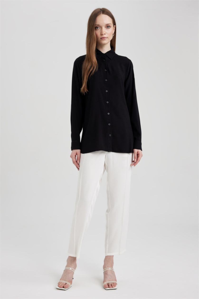 WOMAN Black Regular Fit Shirt Collar Long Sleeve Tunic