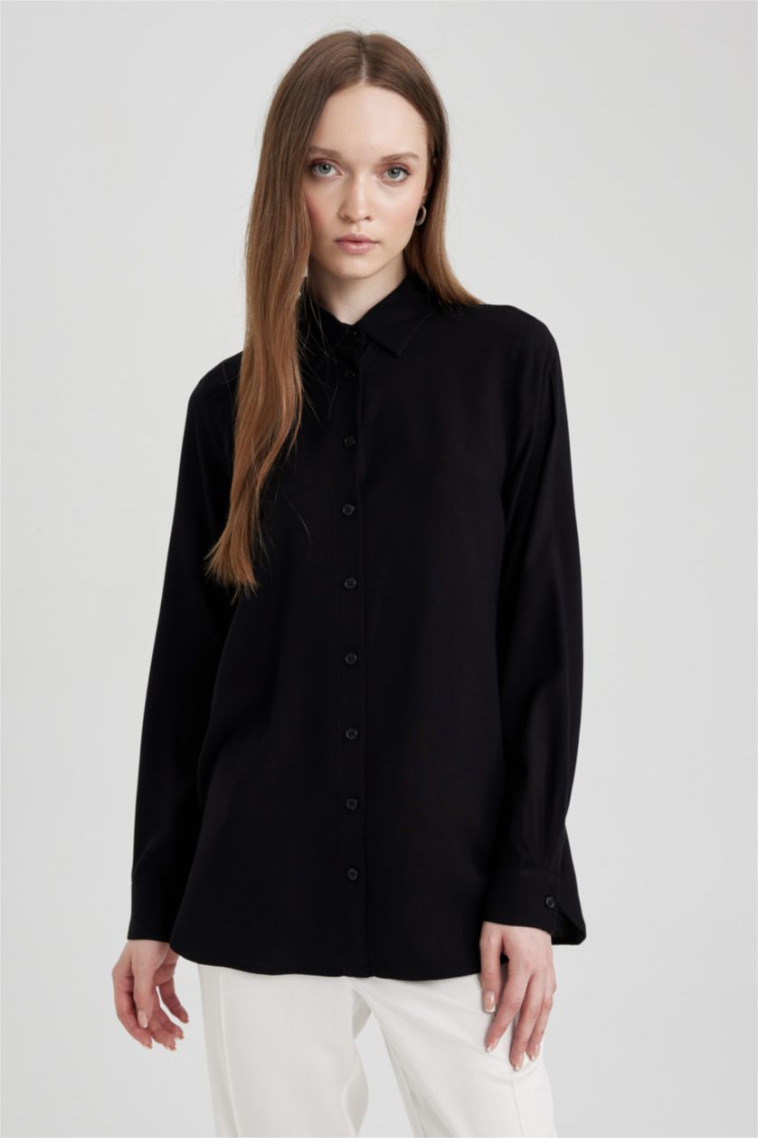 WOMAN Black Regular Fit Shirt Collar Long Sleeve Tunic