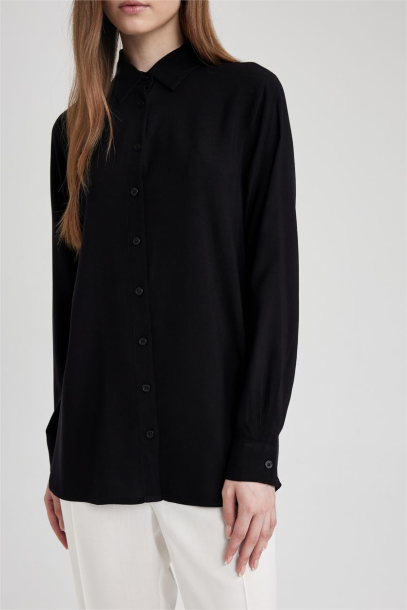 WOMAN Black Regular Fit Shirt Collar Long Sleeve Tunic