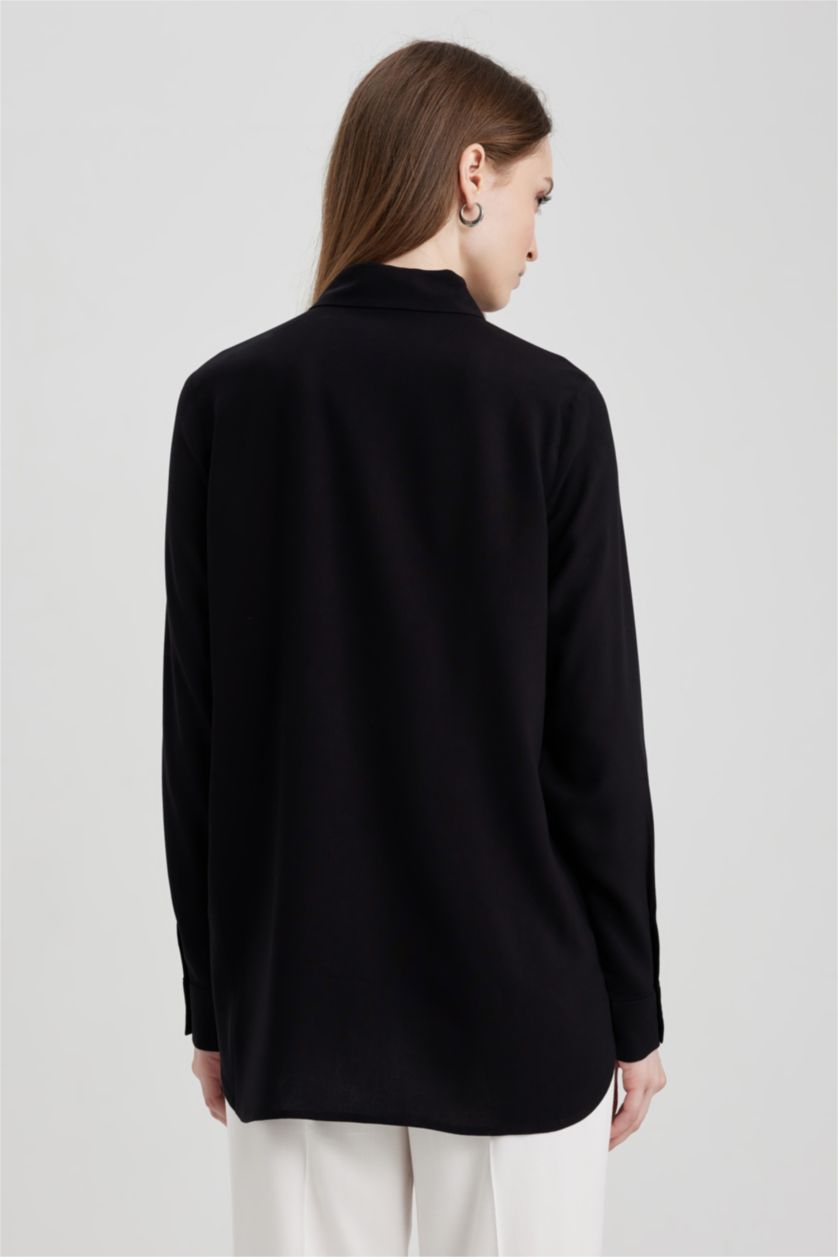 WOMAN Black Regular Fit Shirt Collar Long Sleeve Tunic