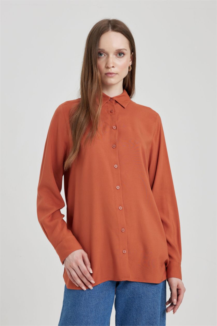 WOMAN Dark Orange Regular Fit Shirt Collar Long Sleeve Tunic