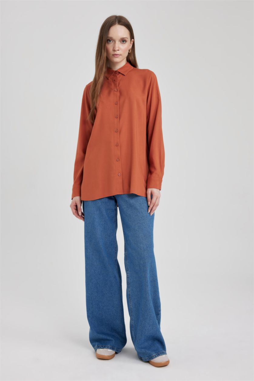 WOMAN Dark Orange Regular Fit Shirt Collar Long Sleeve Tunic