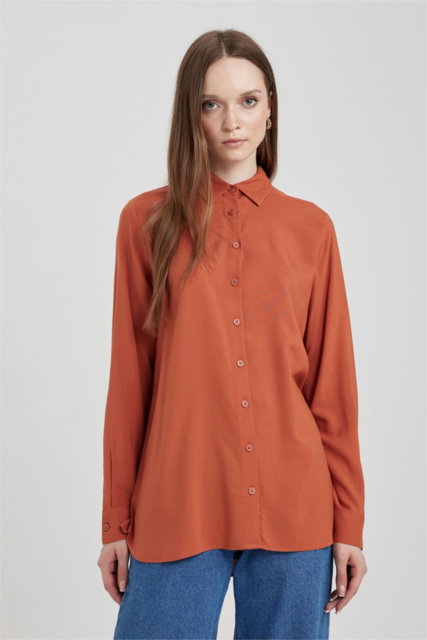 WOMAN Dark Orange Regular Fit Shirt Collar Long Sleeve Tunic