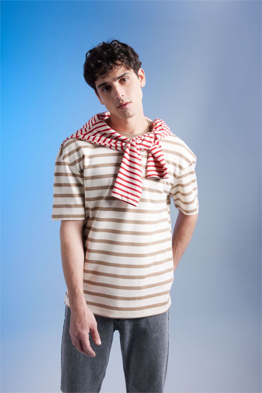 MAN Beige Comfort Fit Crew Neck Striped T-Shirt