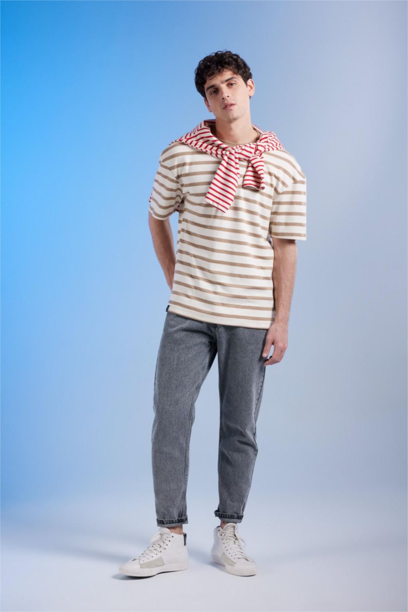 MAN Beige Comfort Fit Crew Neck Striped T-Shirt