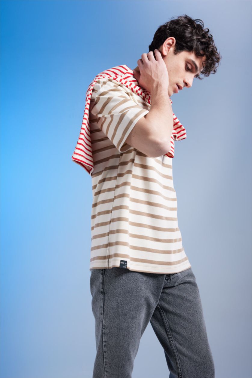MAN Beige Comfort Fit Crew Neck Striped T-Shirt