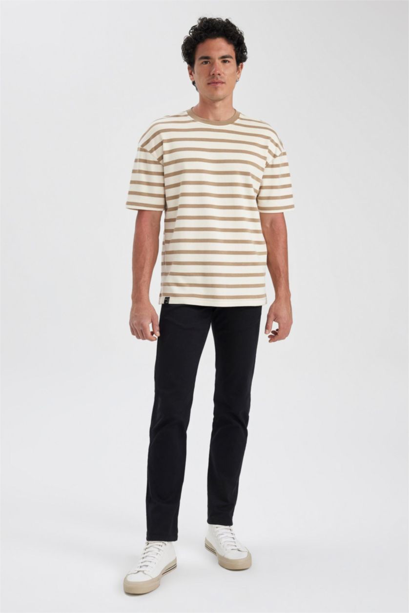 MAN Beige Comfort Fit Crew Neck Striped T-Shirt