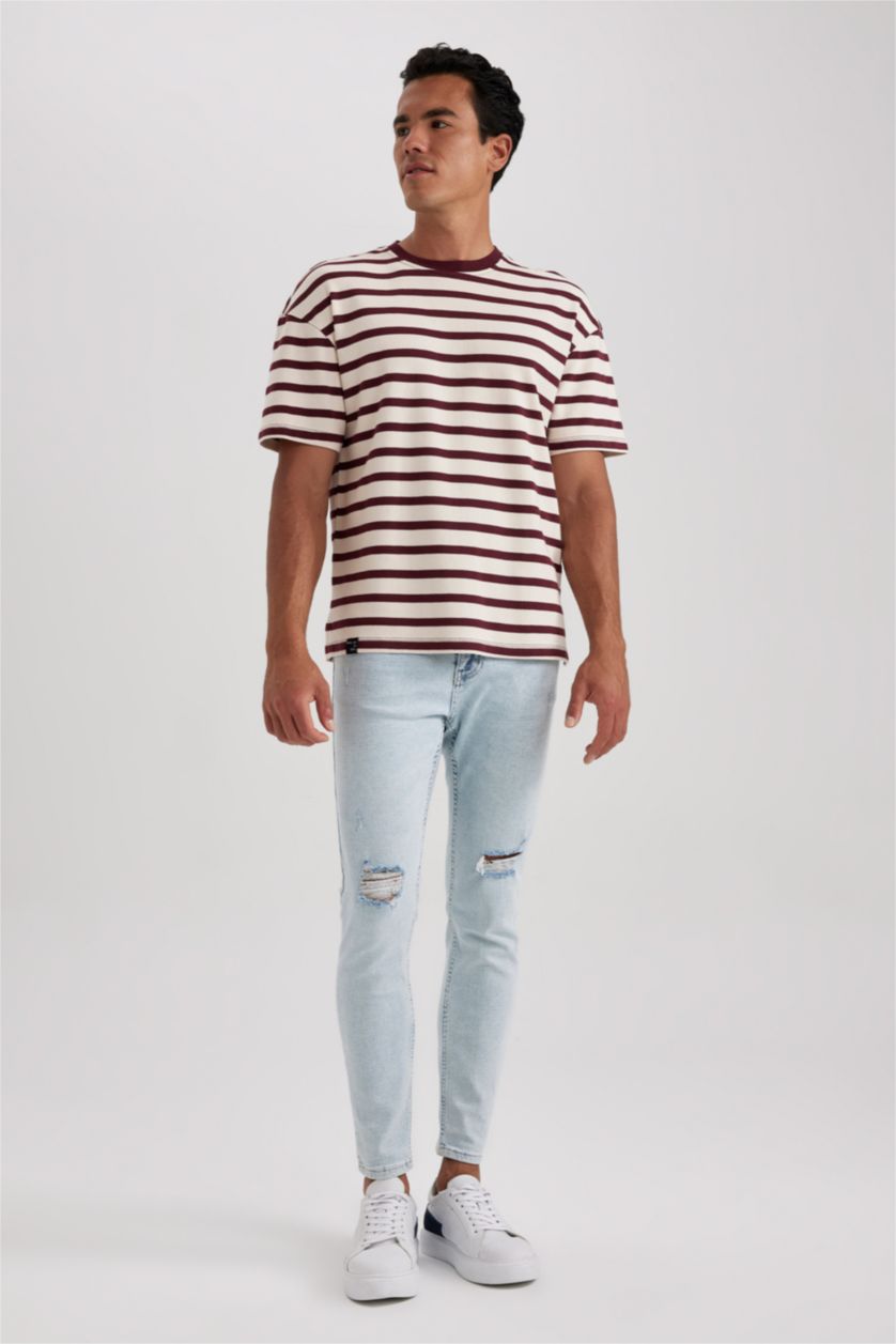 رجال خمري تي شيرت مخطط قطن بريميوم بقصة مريحة