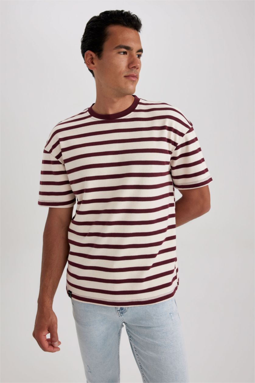 رجال خمري تي شيرت مخطط قطن بريميوم بقصة مريحة