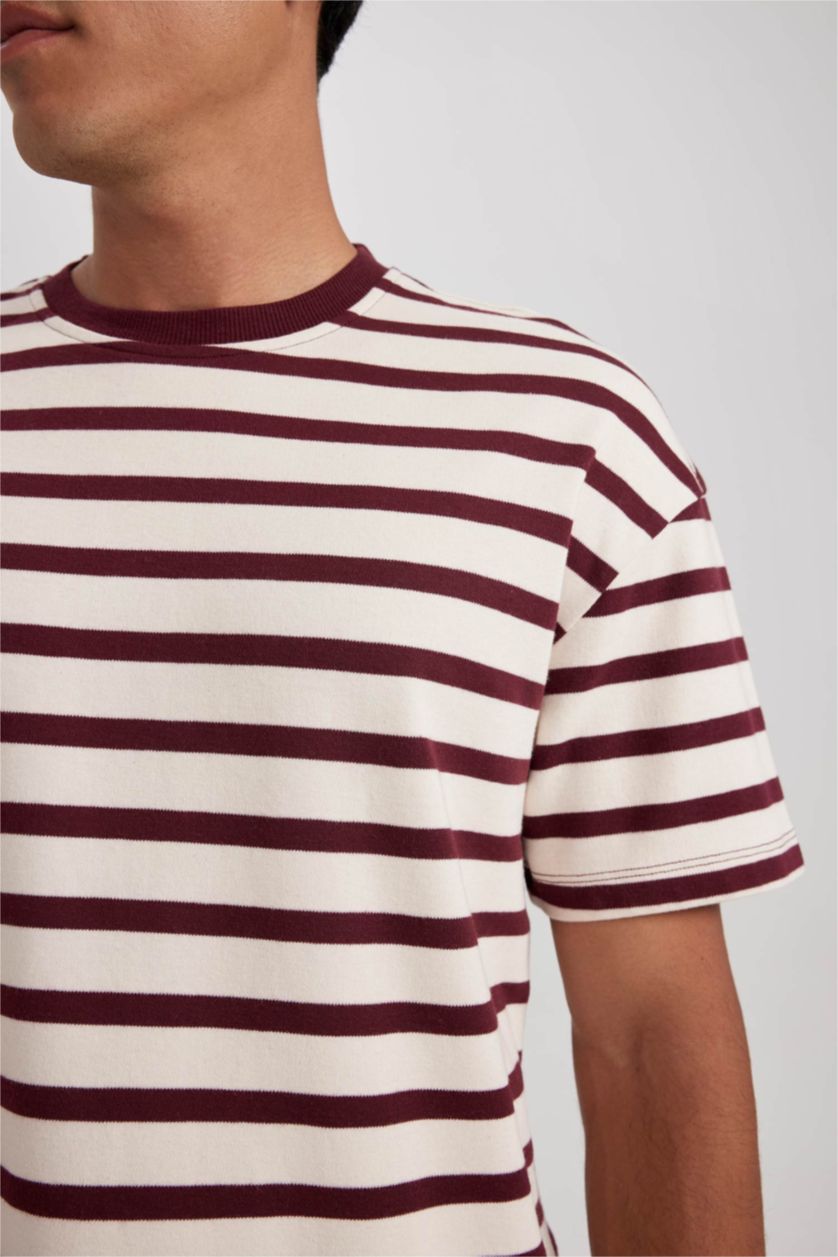 رجال خمري تي شيرت مخطط قطن بريميوم بقصة مريحة