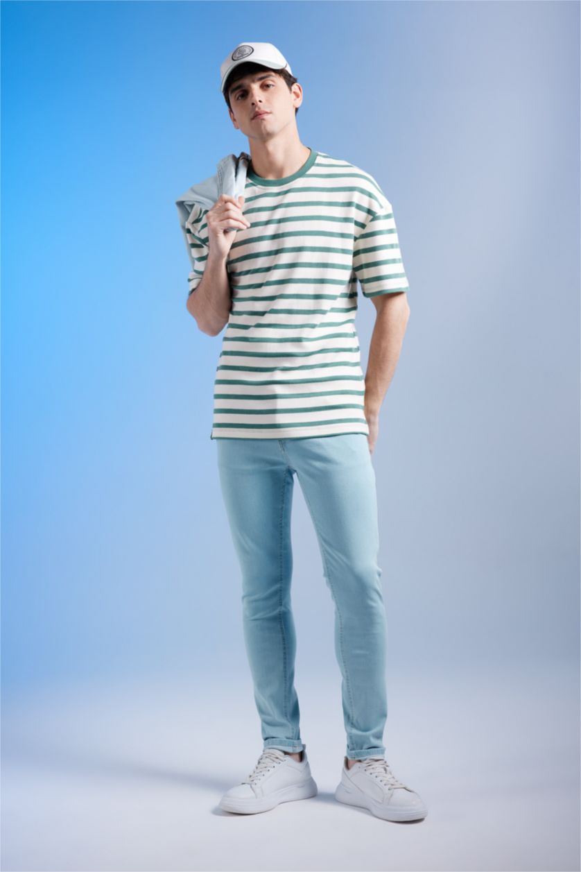 رجال أخضر تي شيرت مخطط قصة مريحة بياقة مستديرة