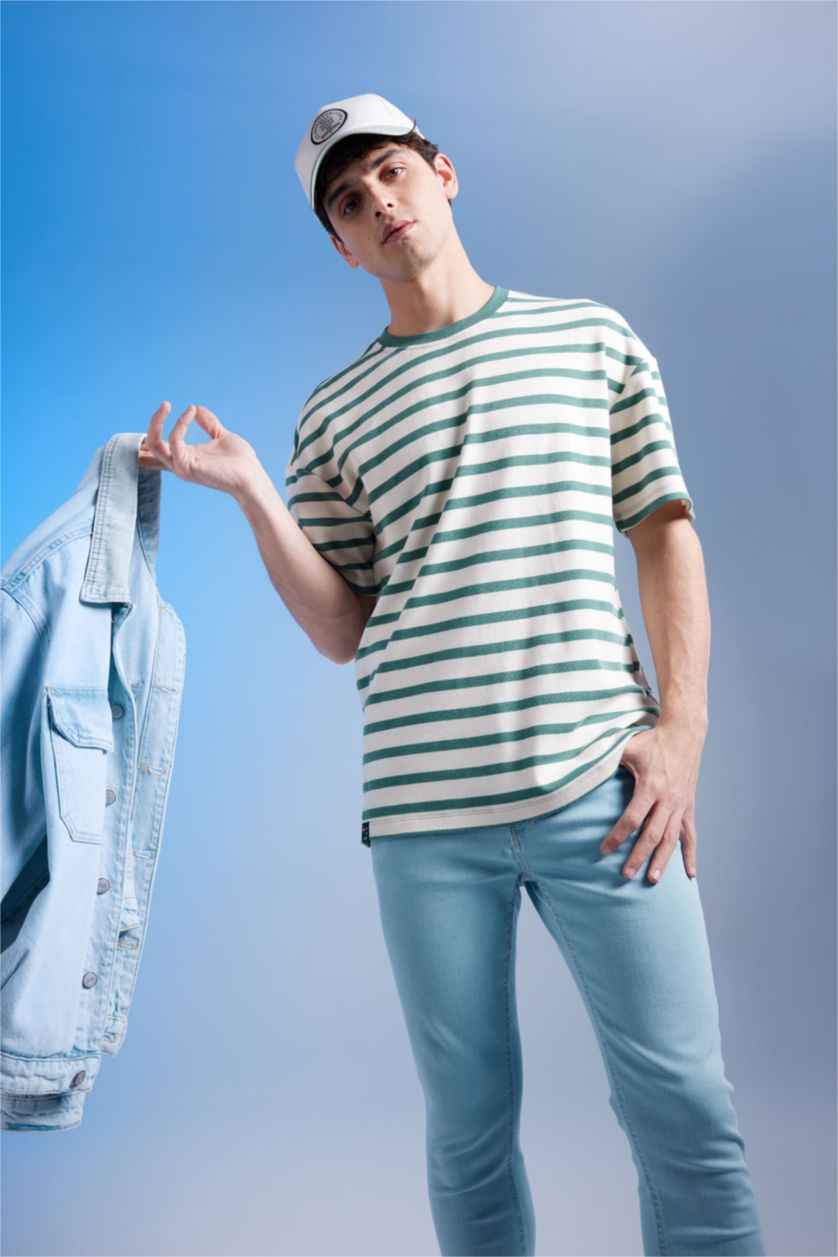 رجال أخضر تي شيرت مخطط قصة مريحة بياقة مستديرة