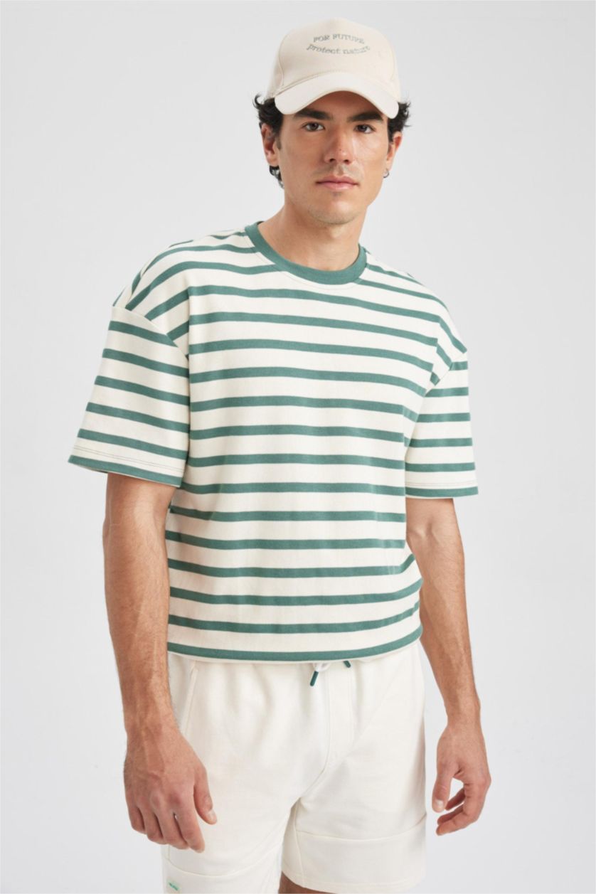 رجال أخضر تي شيرت مخطط قصة مريحة بياقة مستديرة