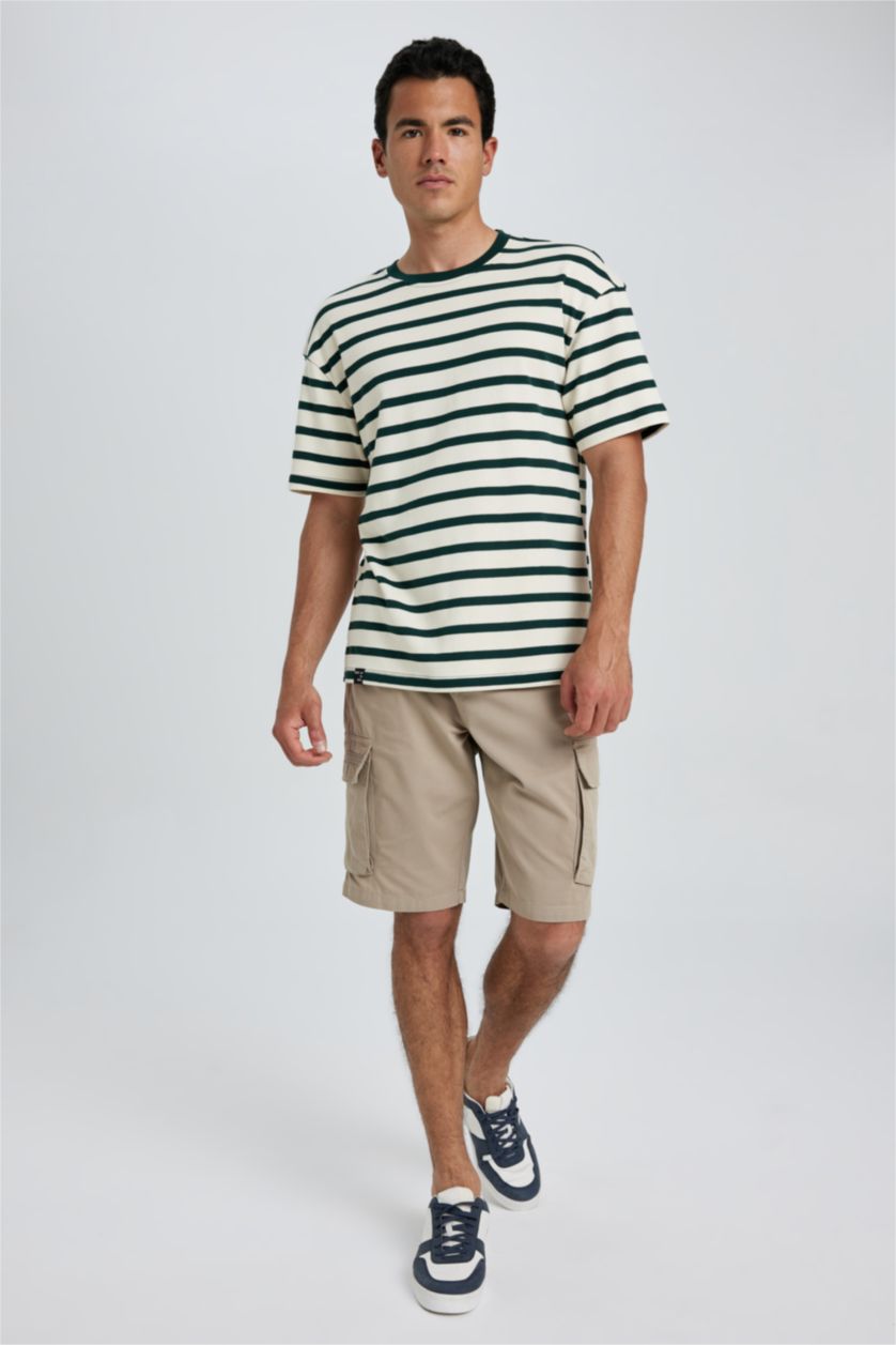 رجالي أخضر غامق تي شيرت مخطط بريميوم قطن قصة مريحة برقبة مستديرة