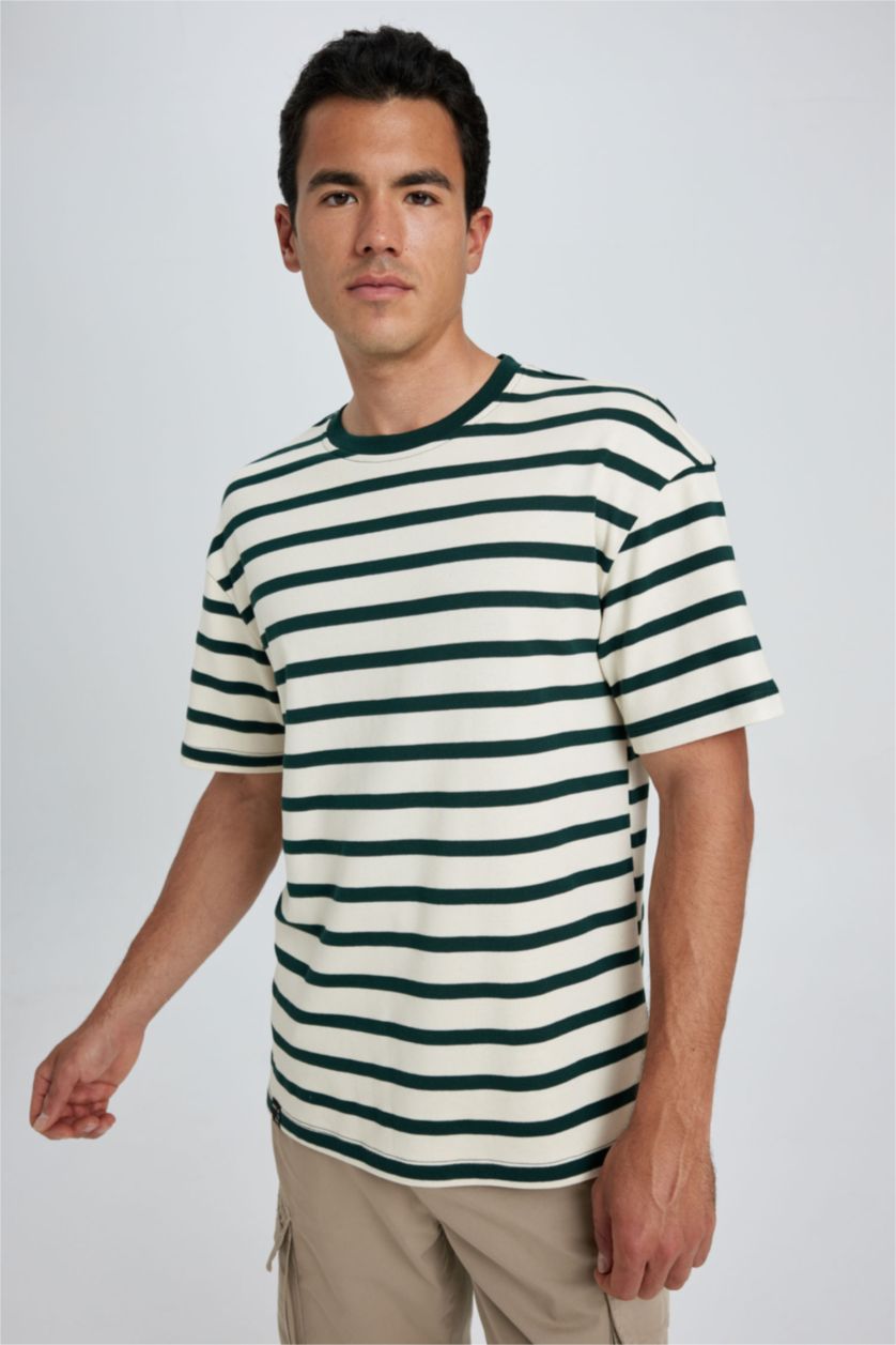 رجالي أخضر غامق تي شيرت مخطط بريميوم قطن قصة مريحة برقبة مستديرة