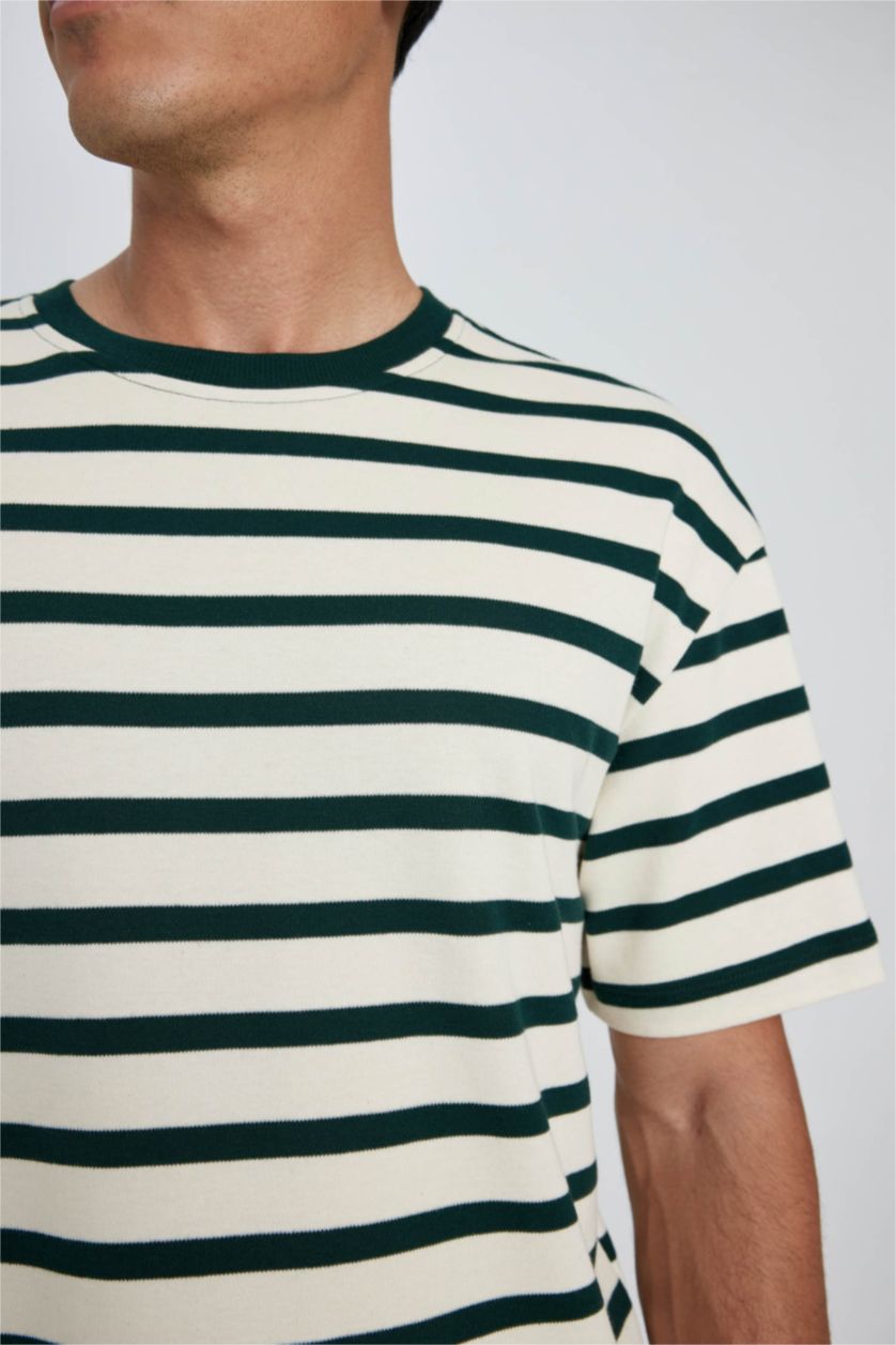 رجالي أخضر غامق تي شيرت مخطط بريميوم قطن قصة مريحة برقبة مستديرة