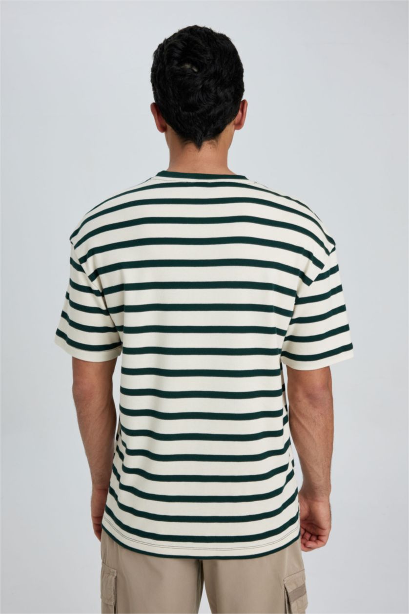 رجالي أخضر غامق تي شيرت مخطط بريميوم قطن قصة مريحة برقبة مستديرة