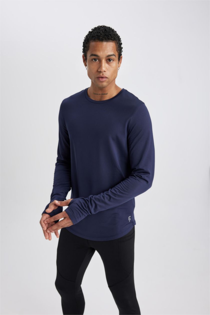 Erkek Lacivert Slim Fit Dar Kesim Bisiklet Yaka Sporcu Uzun Kollu Tişört