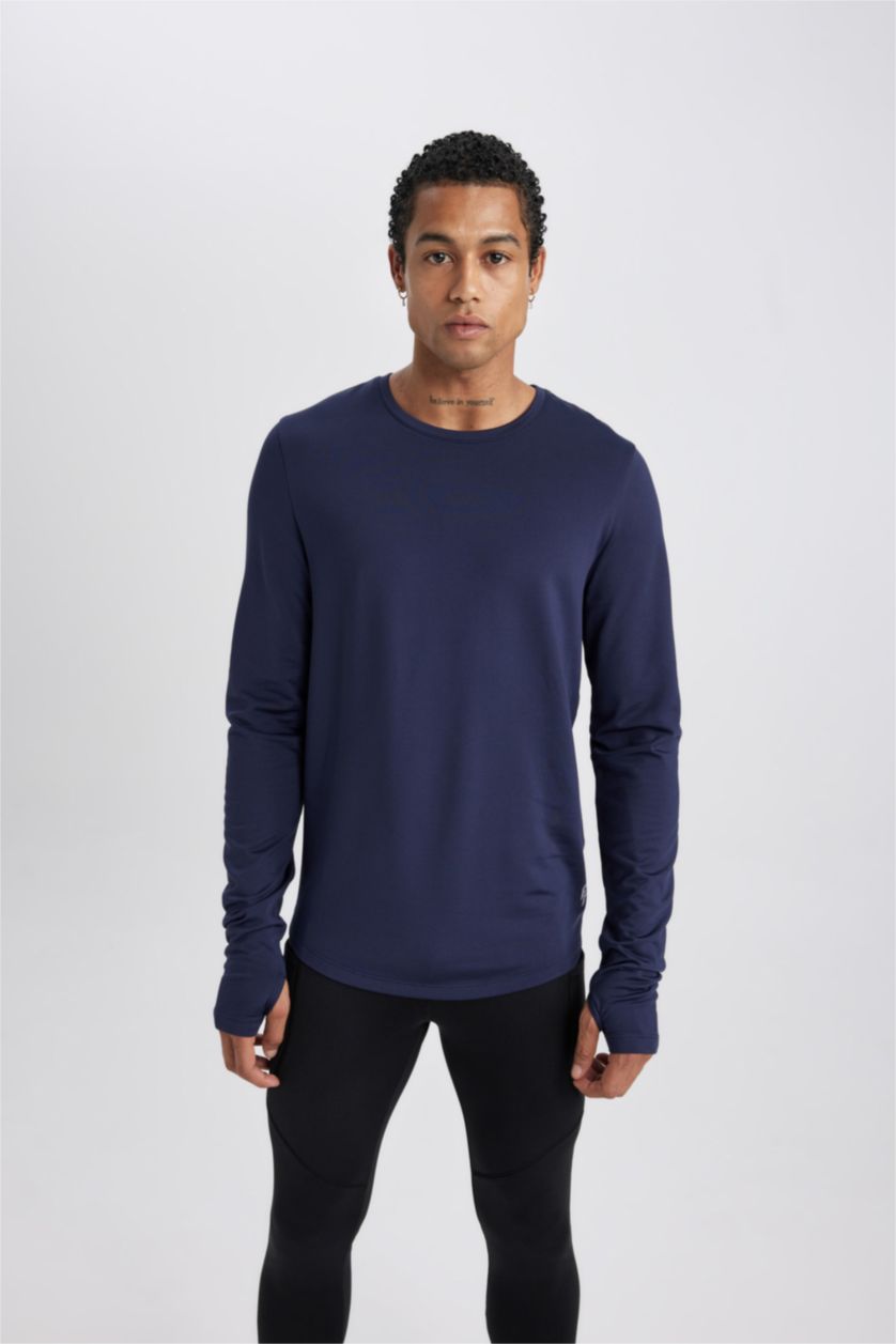 Erkek Lacivert Slim Fit Dar Kesim Bisiklet Yaka Sporcu Uzun Kollu Tişört