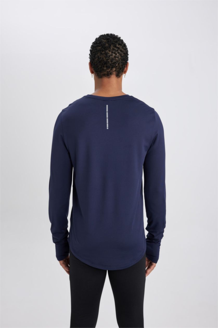 Erkek Lacivert Slim Fit Dar Kesim Bisiklet Yaka Sporcu Uzun Kollu Tişört