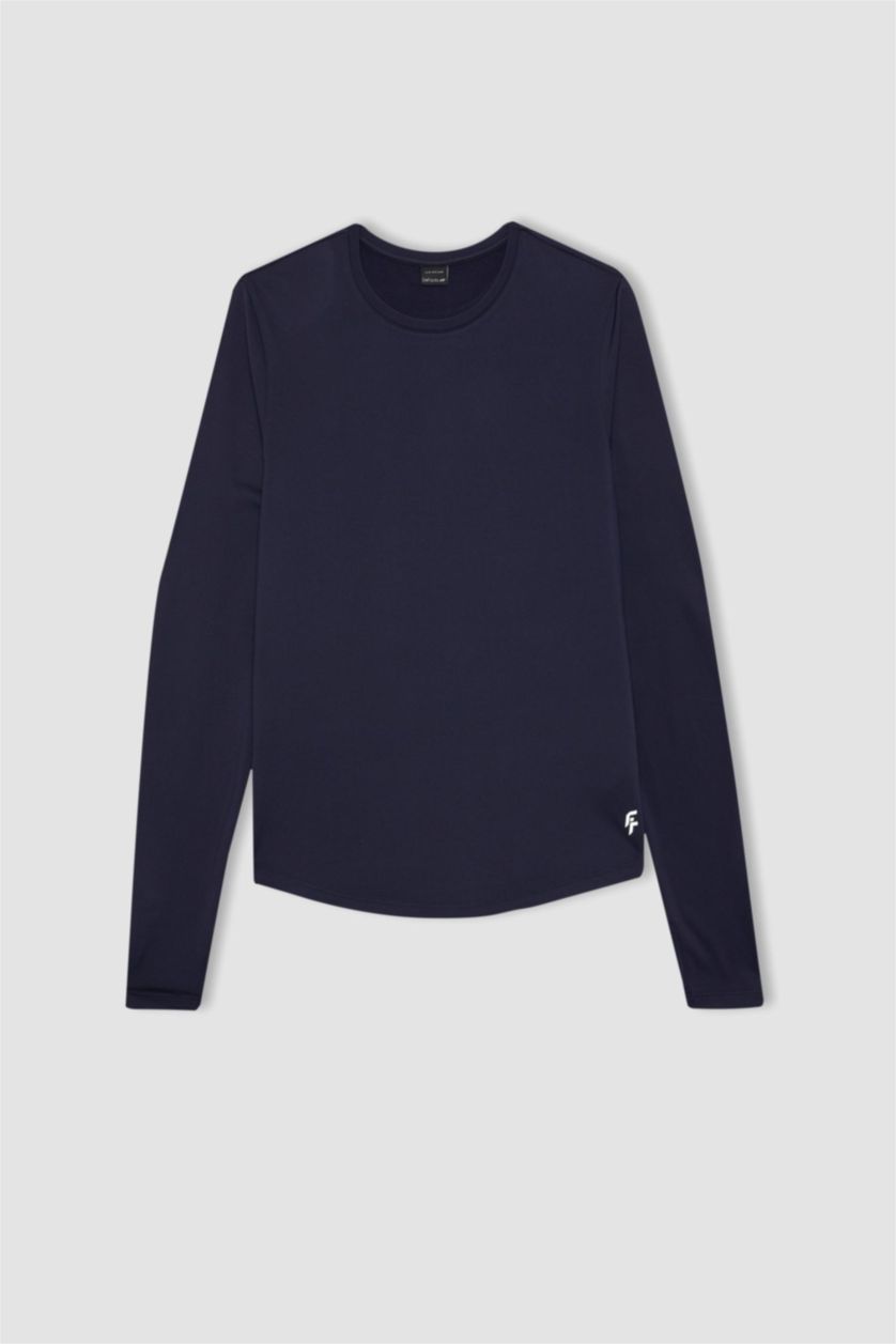 Erkek Lacivert Slim Fit Dar Kesim Bisiklet Yaka Sporcu Uzun Kollu Tişört